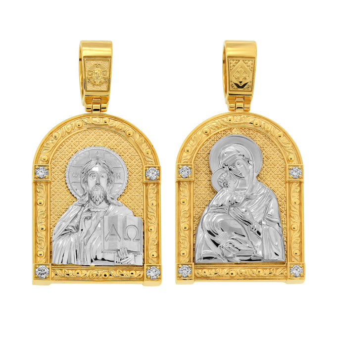 Goldene Ikone – Anhänger mit Jesus Christus und der Wladimirer Gottesmutter.