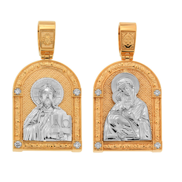 Goldene Ikone – Anhänger mit Jesus Christus und der Wladimirer Gottesmutter.