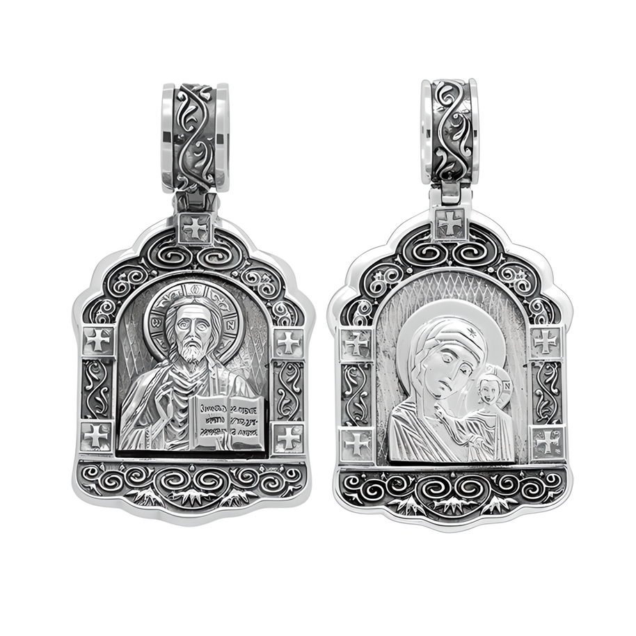 Серебряная Русская икона Иисуса Христа и Казанская Богоматерь