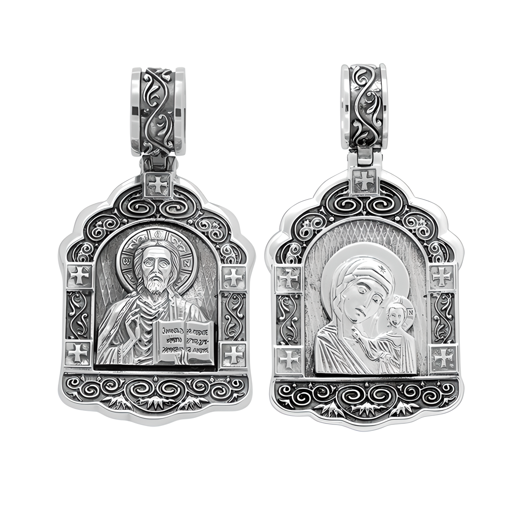 Серебряная Русская икона Иисуса Христа и Казанская Богоматерь