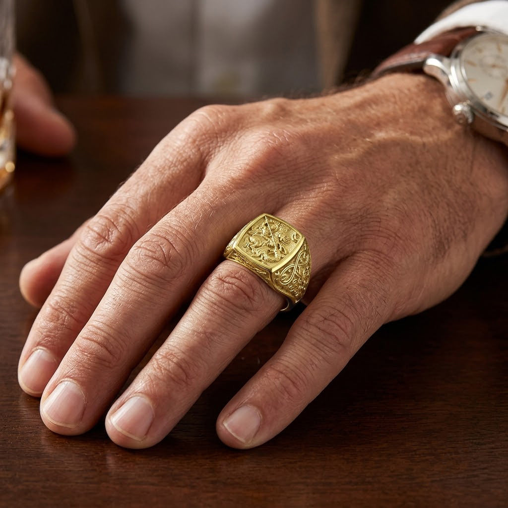 Herren Goldring / Siegelring – individuelle Anfertigung „Georg der Siegreiche“