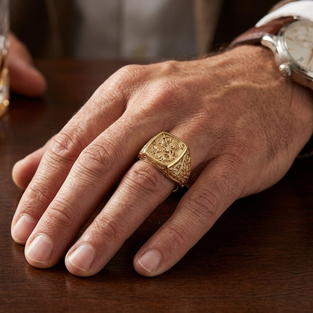 Herren Goldring / Siegelring – individuelle Anfertigung „Georg der Siegreiche“