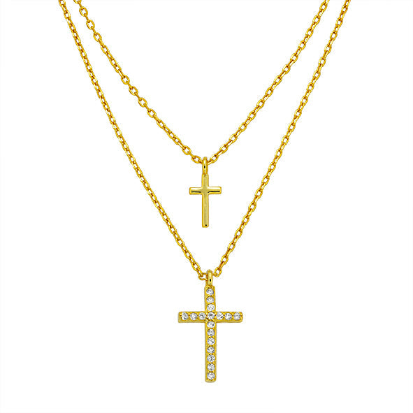 Halskette aus Silber 925, Ankerkette // Doppelkette mit Kreuz // Layer-Kette // vergoldet
