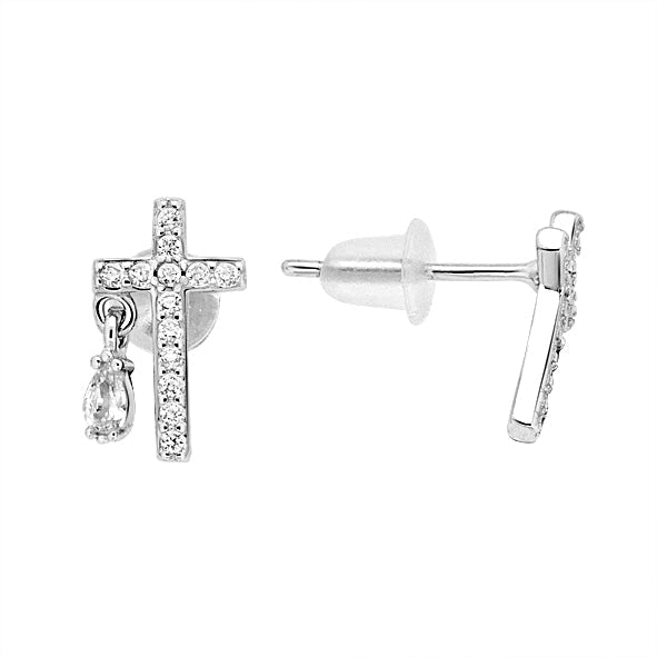 Silberohrringe 925 mit Zirkonia // Kreuz mit Tropfen