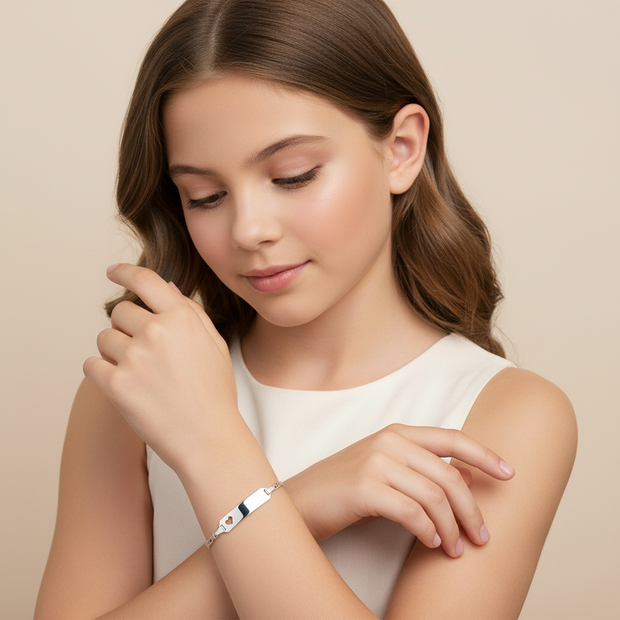 ID-Armband mit Gravurplatte aus Silber 925 - Herzchen