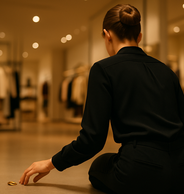 Fotorealistisches Foto. Boutique im Hintergrund. Warme Abendbeleuchtung. Kamera auf Augenhöhe. Frau von hinten. Dutt. Schwarze Bluse, dunkle Hose. Sie kniet und tastet den Boden ab. Ein einzelner goldener Ohrring liegt vor ihrer Hand. Fokus auf Hand und Ohrring. Hintergrund weich unscharf. Links oben freier Raum für Headline. Keine Logos. Kein Gesicht sichtbar.